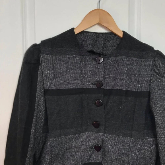Vintage Handmade 80s Retro 2 PC Blouse & Skirt Set  Black Gray Wool Blend - Picture 3 of 5